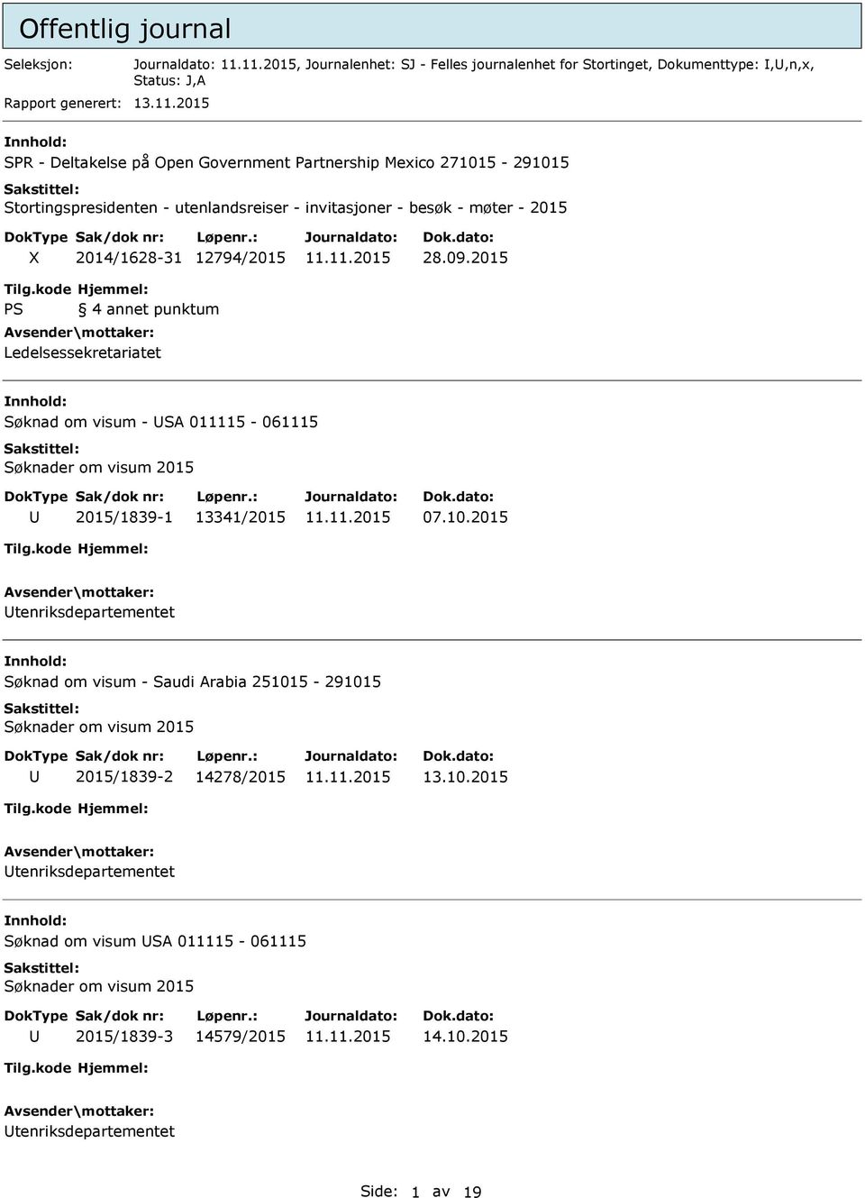 2015 Tilg.kode PS Hjemmel: 4 annet punktum Ledelsessekretariatet Søknad om visum - SA 011115-061115 Søknader om visum 2015 2015/1839-1 13341/2015 07.10.