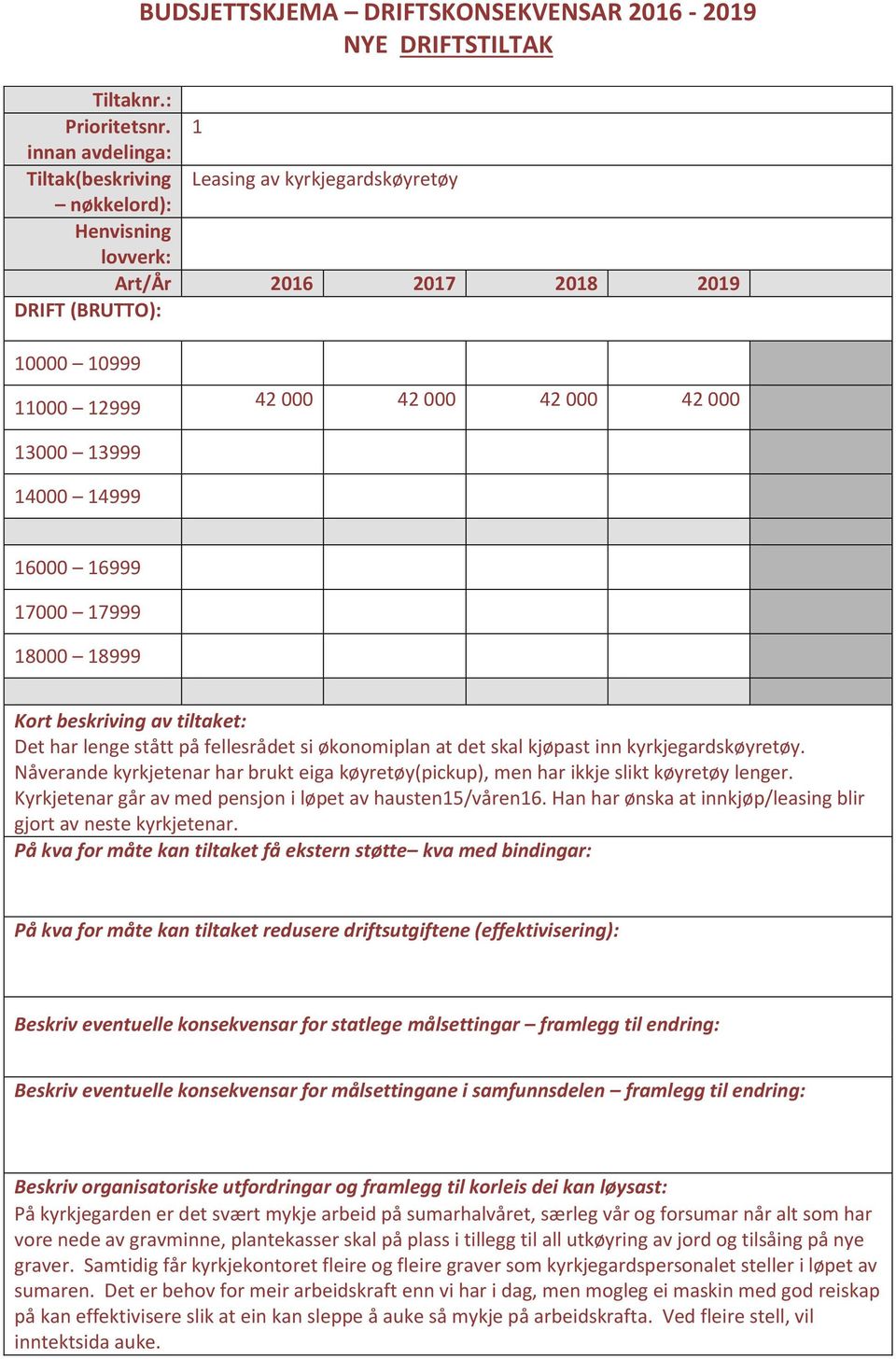 17999 18000 18999 Kort beskriving av tiltaket: Det har lenge stått på fellesrådet si økonomiplan at det skal kjøpast inn kyrkjegardskøyretøy.