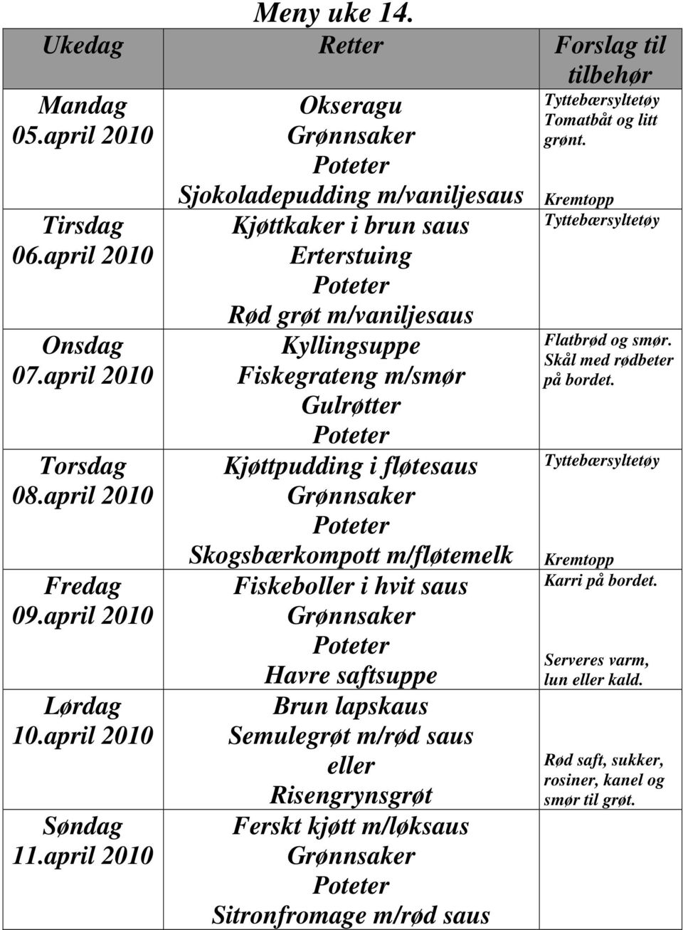 m/smør Kjøttpudding i fløtesaus Skogsbærkompott m/fløtemelk Fiskeboller i hvit saus Havre saftsuppe Brun lapskaus Semulegrøt