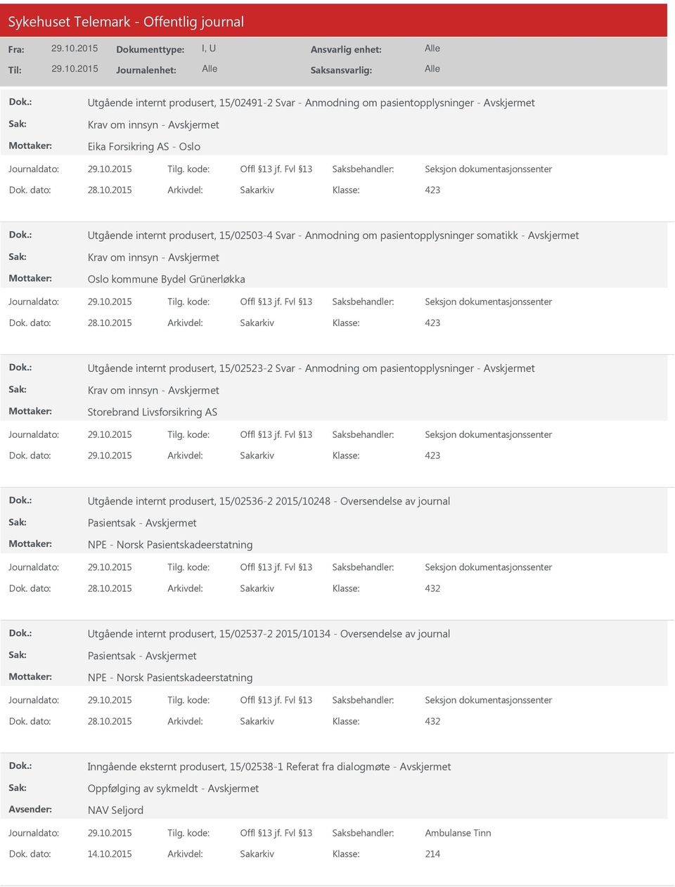 dato: Arkivdel: Sakarkiv Utgående internt produsert, 15/02536-2 2015/10248 - Oversendelse av journal Pasientsak - Utgående internt produsert, 15/02537-2 2015/10134 -