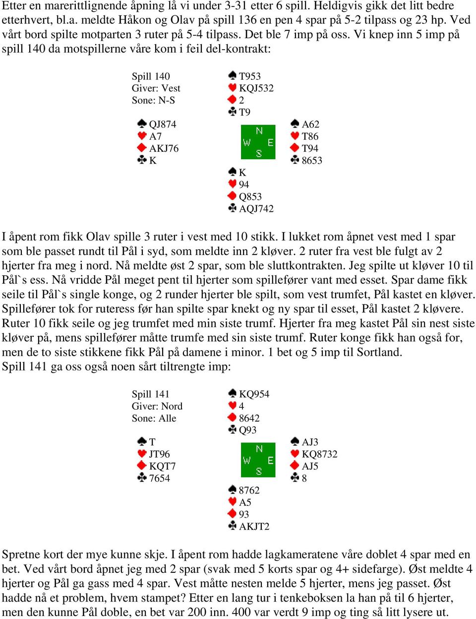 Vi knep inn 5 imp på spill 140 da motspillerne våre kom i feil del-kontrakt: Spill 140 Sone: N-S QJ874 A7 AKJ76 K T953 KQJ532 2 T9 K 94 Q853 AQJ742 A62 T86 T94 8653 I åpent rom fikk Olav spille 3