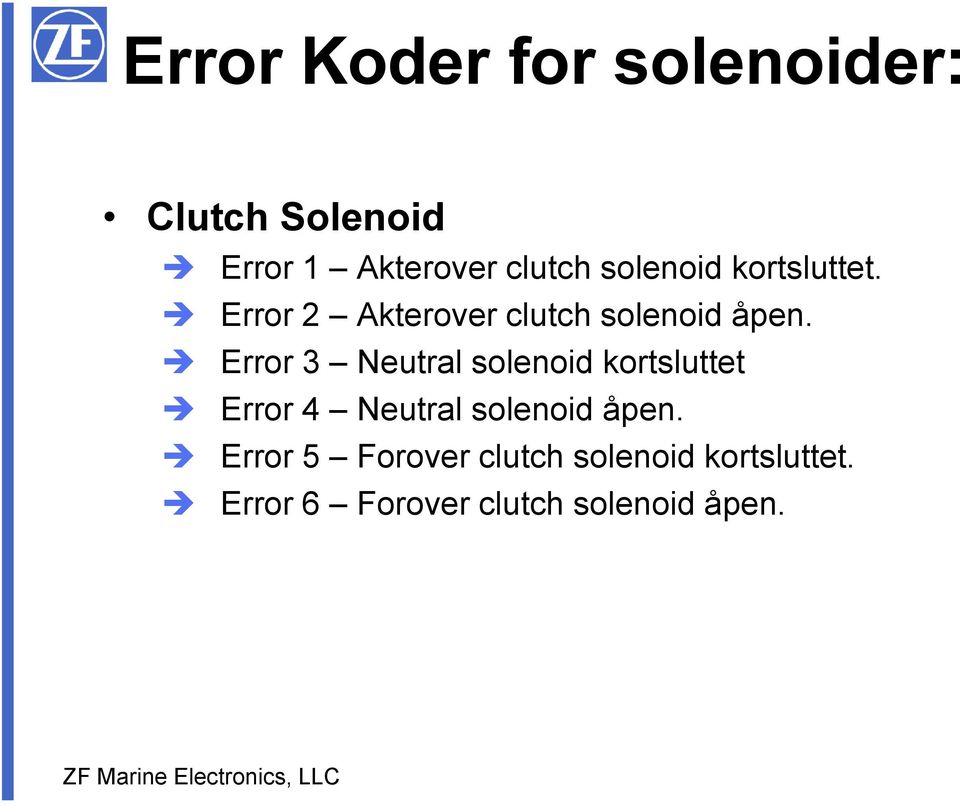 Error 3 Neutral solenoid kortsluttet Error 4 Neutral solenoid åpen.