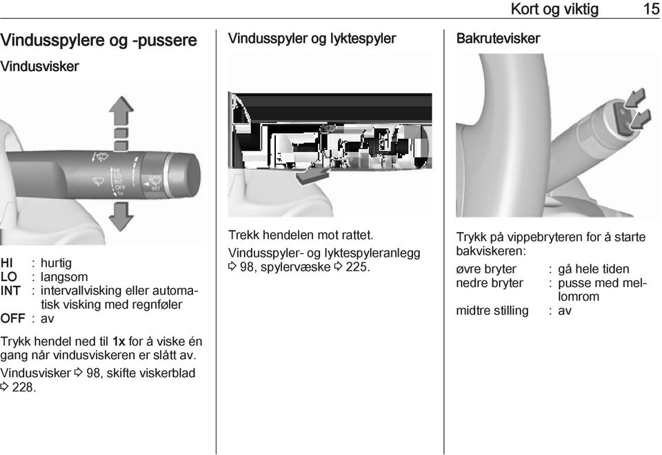 slått av. Vindusvisker 3 98, skifte viskerblad 3 228. Trekk hendelen mot rattet.