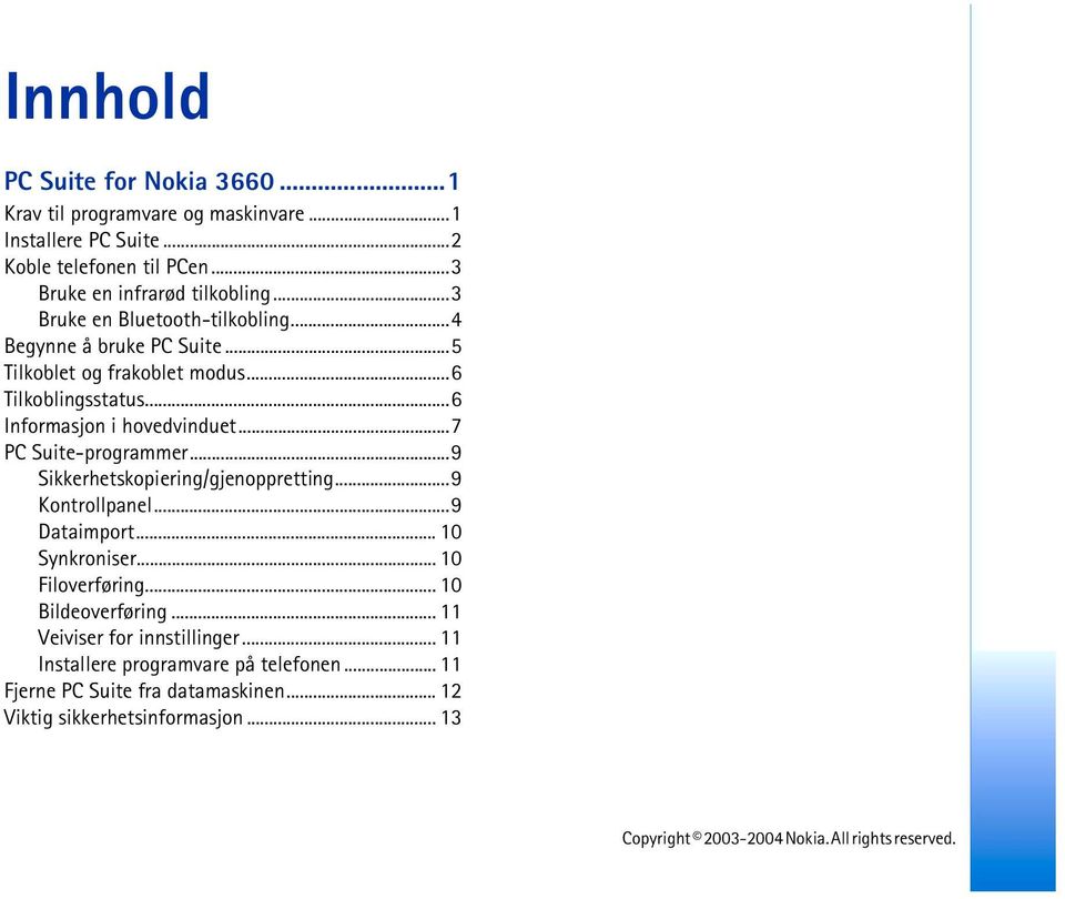 ..6 Informasjon i hovedvinduet...7 PC Suite-programmer...9 Sikkerhetskopiering/gjenoppretting...9 Kontrollpanel...9 Dataimport... 10 Synkroniser.