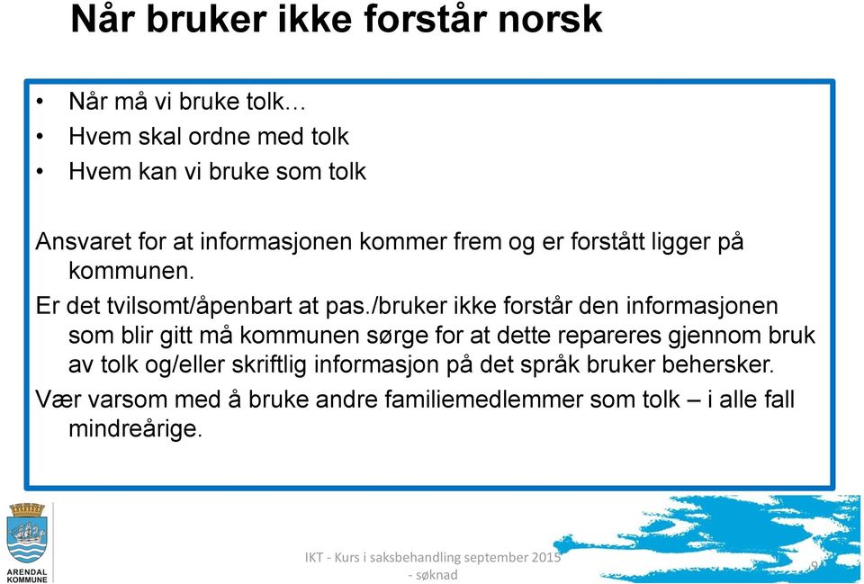 /bruker ikke forstår den informasjonen som blir gitt må kommunen sørge for at dette repareres gjennom bruk av tolk