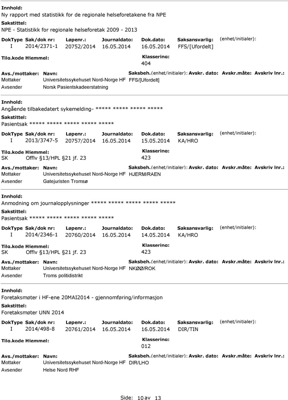 : Mottaker niversitetssykehuset Nord-Norge HF FFS/[fordelt] Norsk Pasientskadeerstatning Angående tilbakedatert sykemelding- ***** ***** ***** ***** 2013/3747-5 20757/2014 Avs.