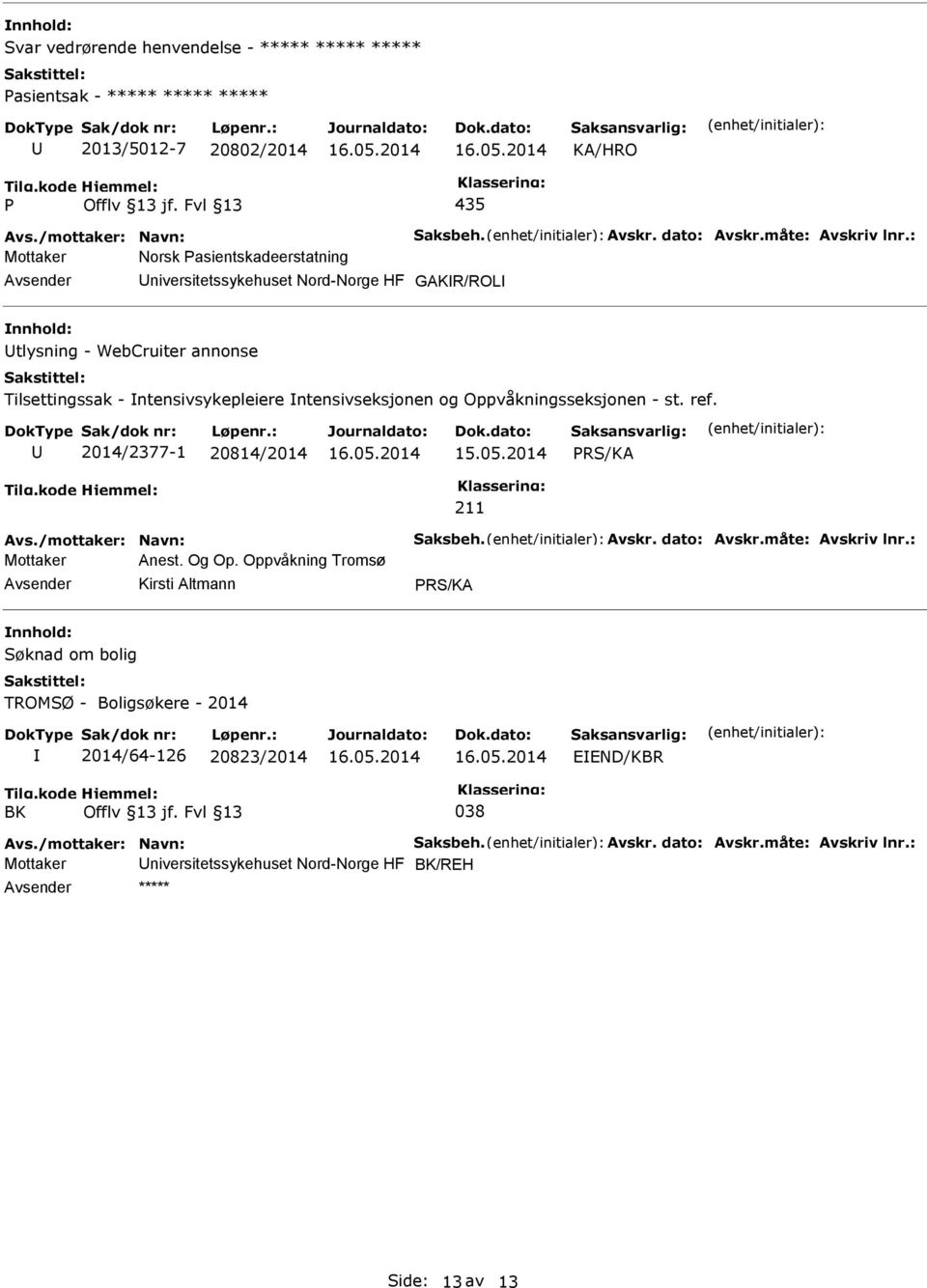 st. ref. 2014/2377-1 20814/2014 PRS/KA 211 Avs./mottaker: Navn: Saksbeh. Avskr. dato: Avskr.måte: Avskriv lnr.: Mottaker Anest. Og Op.