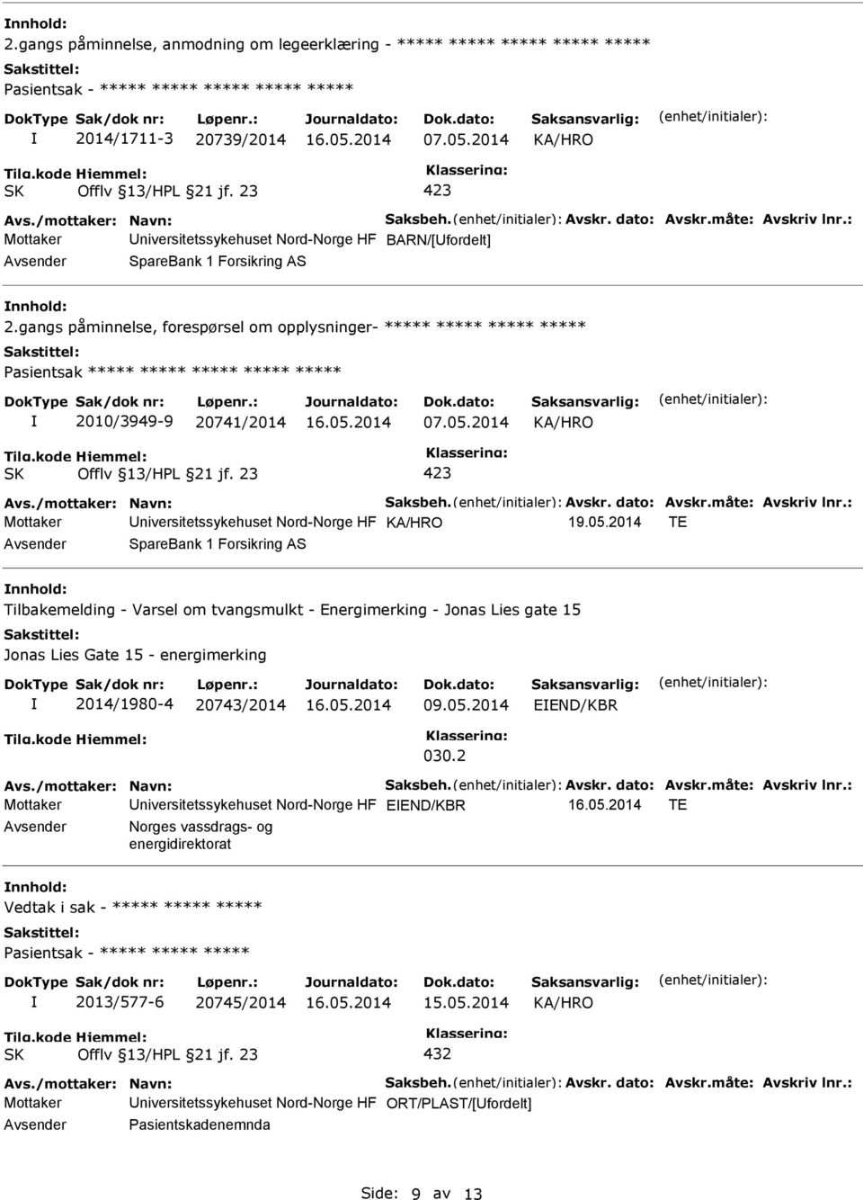 /mottaker: Navn: Saksbeh. Avskr. dato: Avskr.måte: Avskriv lnr.: Mottaker niversitetssykehuset Nord-Norge HF 19.05.