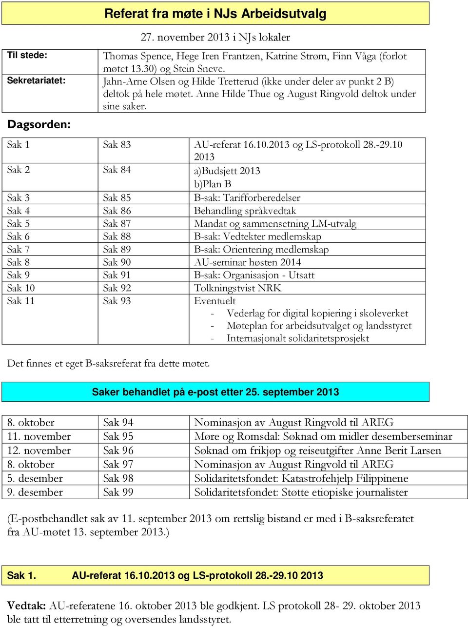 Dagsorden: Sak 1 Sak 83 AU-referat 16.10.2013 og LS-protokoll 28.-29.