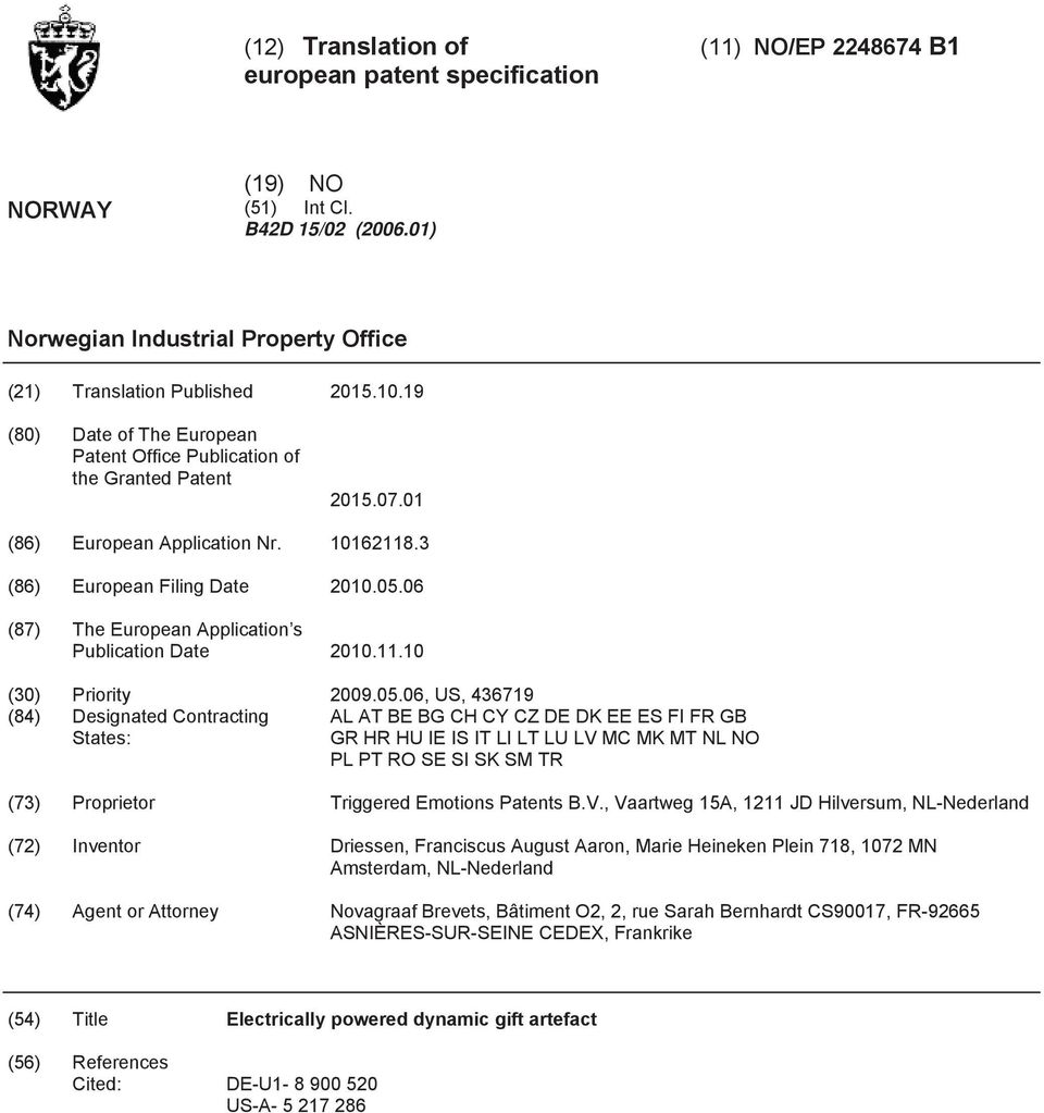 06 (87) The European Application s Publication Date 2010.11.10 (30) Priority 2009.05.