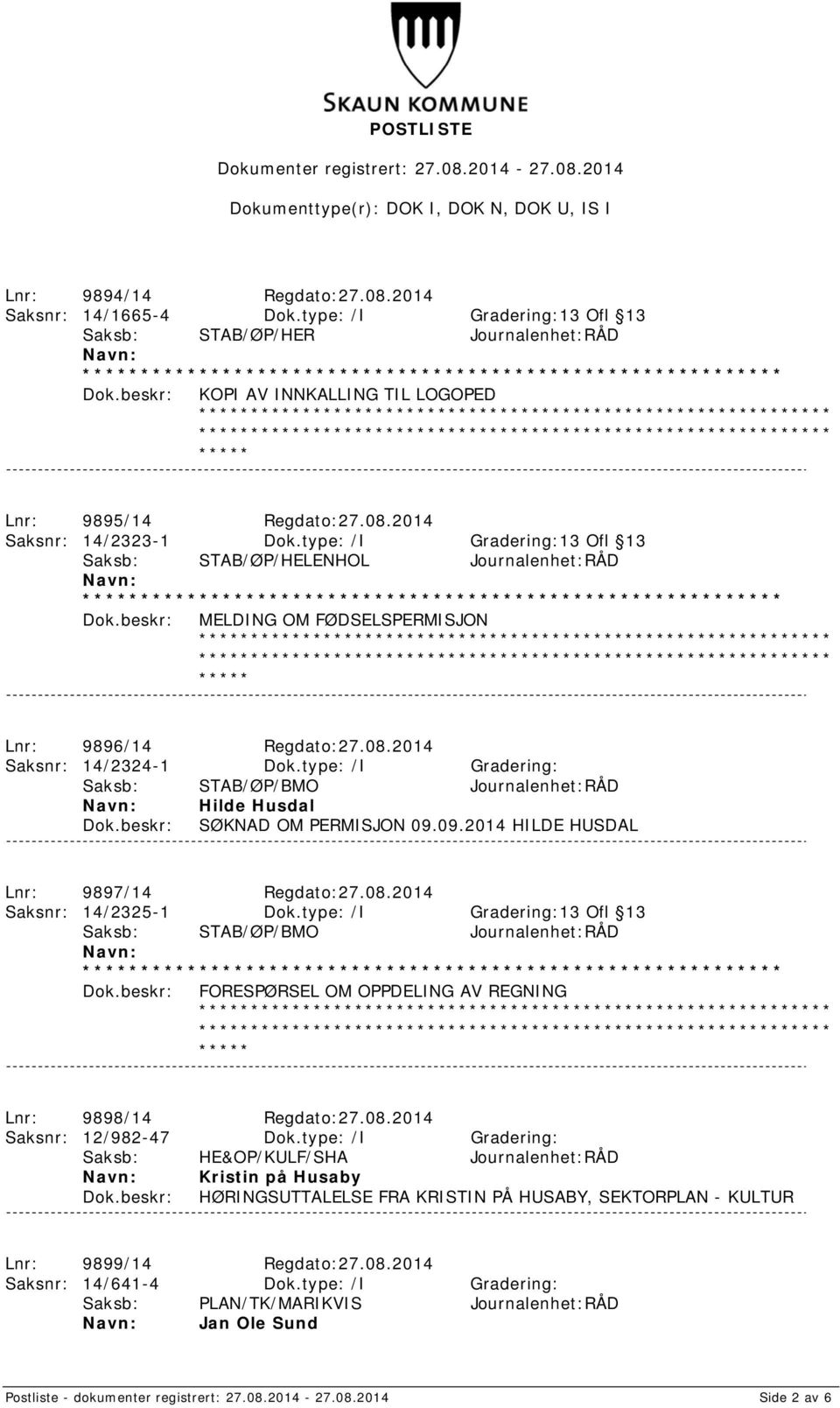 type: /I Gradering: Saksb: STAB/ØP/BMO Journalenhet:RÅD Hilde Husdal SØKNAD OM PERMISJON 09.09.2014 HILDE HUSDAL Lnr: 9897/14 Regdato:27.08.2014 Saksnr: 14/2325-1 Dok.