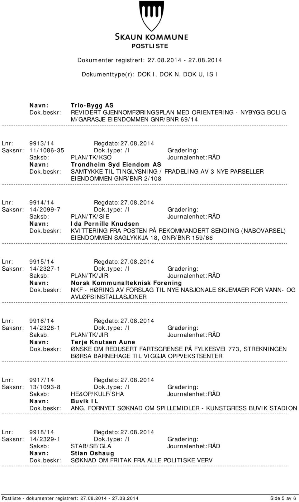 type: /I Gradering: Saksb: PLAN/TK/SIE Journalenhet:RÅD Ida Pernille Knudsen KVITTERING FRA POSTEN PÅ REKOMMANDERT SENDING (NABOVARSEL) EIENDOMMEN SAGLYKKJA 18, GNR/BNR 159/66 Lnr: 9915/14 Regdato:27.