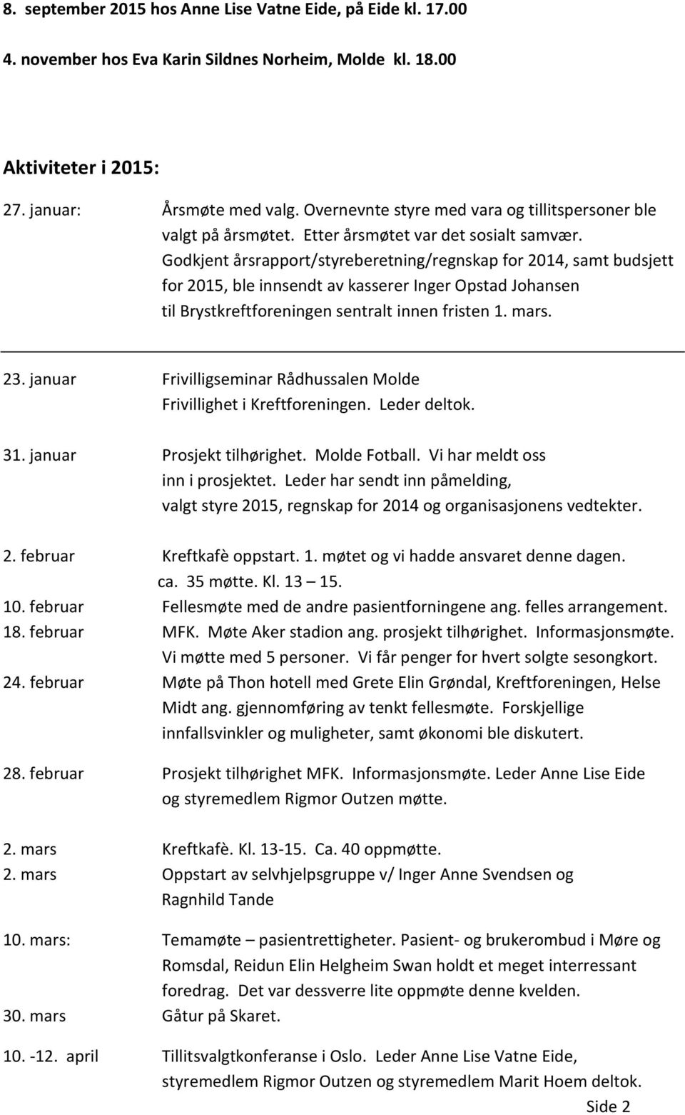 Godkjent årsrapport/styreberetning/regnskap for 2014, samt budsjett for 2015, ble innsendt av kasserer Inger Opstad Johansen til Brystkreftforeningen sentralt innen fristen 1. mars. 23.