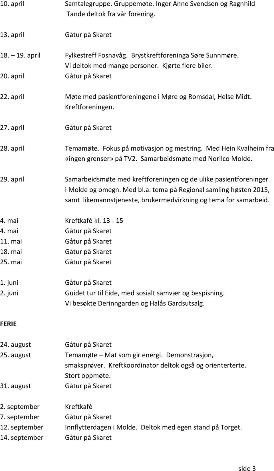 april Temamøte. Fokus på motivasjon og mestring. Med Hein Kvalheim fra «ingen grenser» på TV2. Samarbeidsmøte med Norilco Molde. 29.