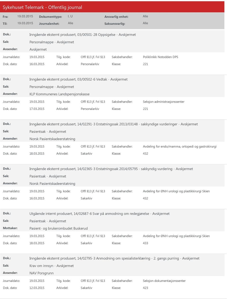 2015 Arkivdel: Personalarkiv 221 Inngående eksternt produsert, 14/02291-3 Erstatningssak 2013/03148 - sakkyndige vurderinger - Pasientsak - Avdeling for endo/mamma, ortopedi og gastrokirurgi