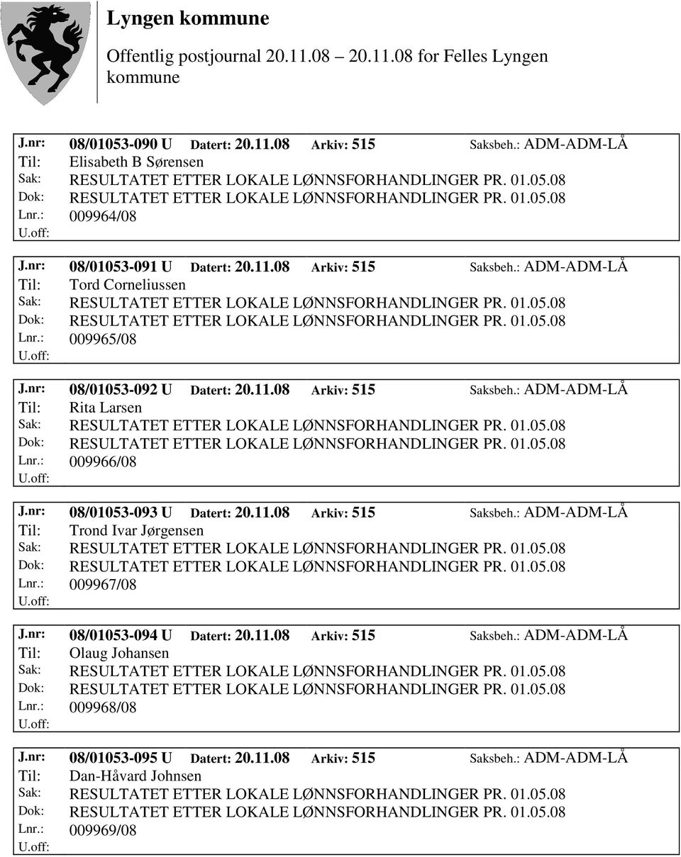 : 009967/08 J.nr: 08/01053-094 U Datert: 20.11.08 Arkiv: 515 Saksbeh.: ADM-ADM-LÅ Til: Olaug Johansen Lnr.: 009968/08 J.nr: 08/01053-095 U Datert: 20.11.08 Arkiv: 515 Saksbeh.: ADM-ADM-LÅ Til: Dan-Håvard Johnsen Lnr.