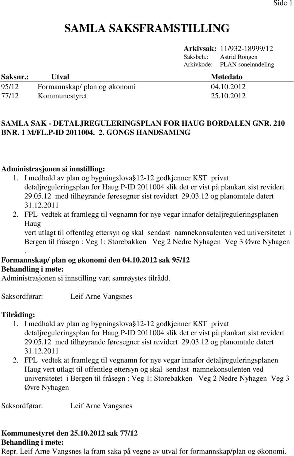 I medhald av plan og bygningslova 12-12 godkjenner KST privat detaljreguleringsplan for Haug P-ID 2011004 slik det er vist på plankart sist revidert 29.05.