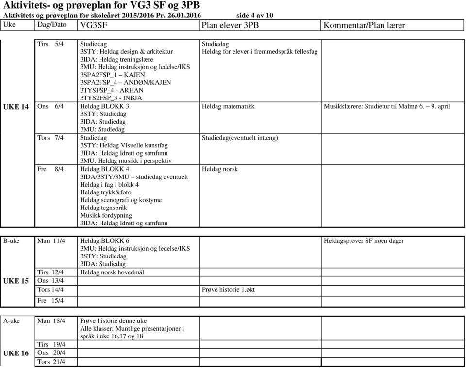 3TYSFSP_4 - ARHAN 3TYS2FSP_3 - INBJA UKE 14 Ons 6/4 Heldag BLOKK 3 3STY: Studiedag 3IDA: Studiedag 3MU: Studiedag Tors 7/4 Studiedag 3STY: Heldag Visuelle kunstfag 3IDA: Heldag Idrett og samfunn 3MU: