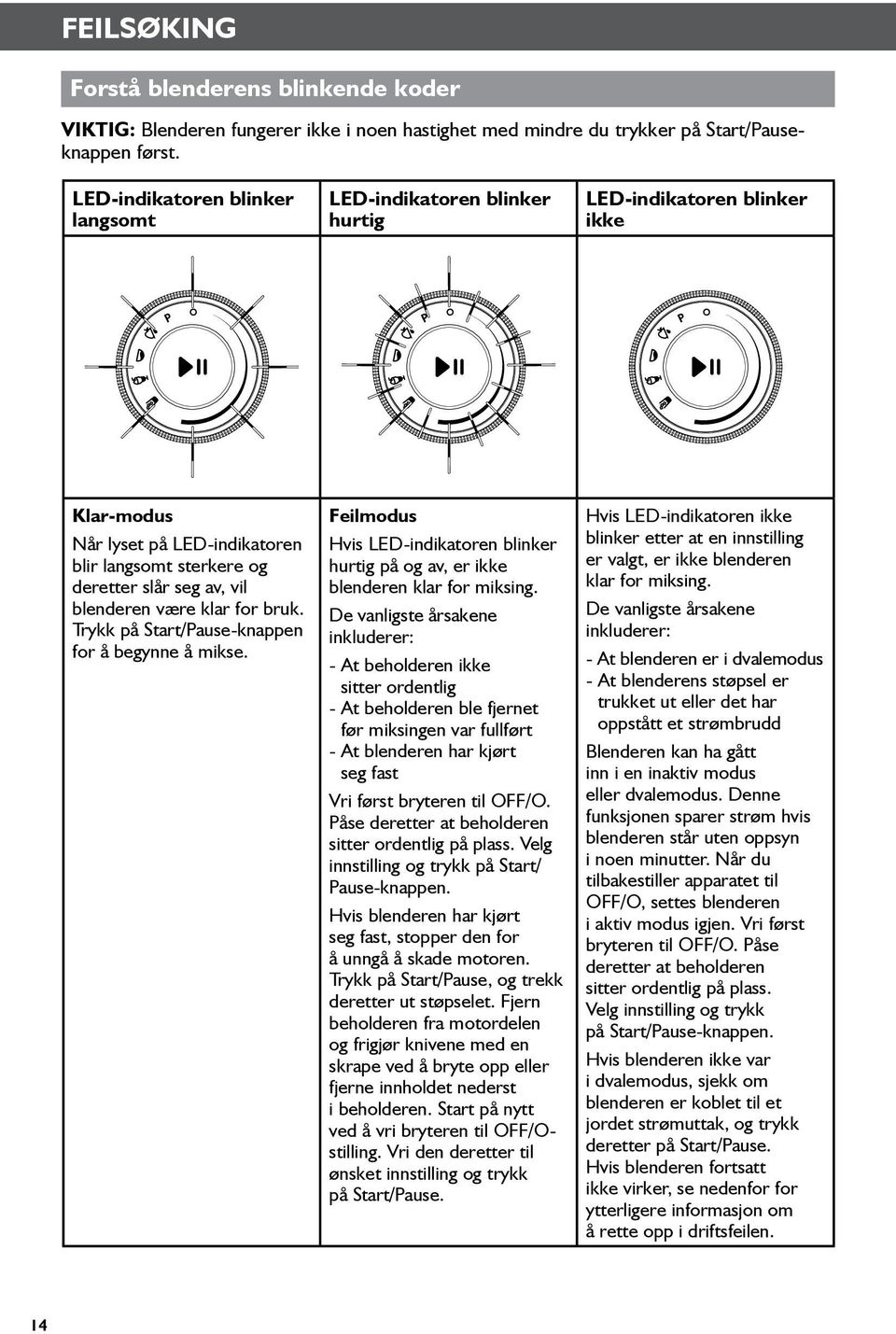 klar for bruk. Trykk på Start/Pause-knappen for å begynne å mikse. Feilmodus Hvis LED-indikatoren blinker hurtig på og av, er ikke blenderen klar for miksing.