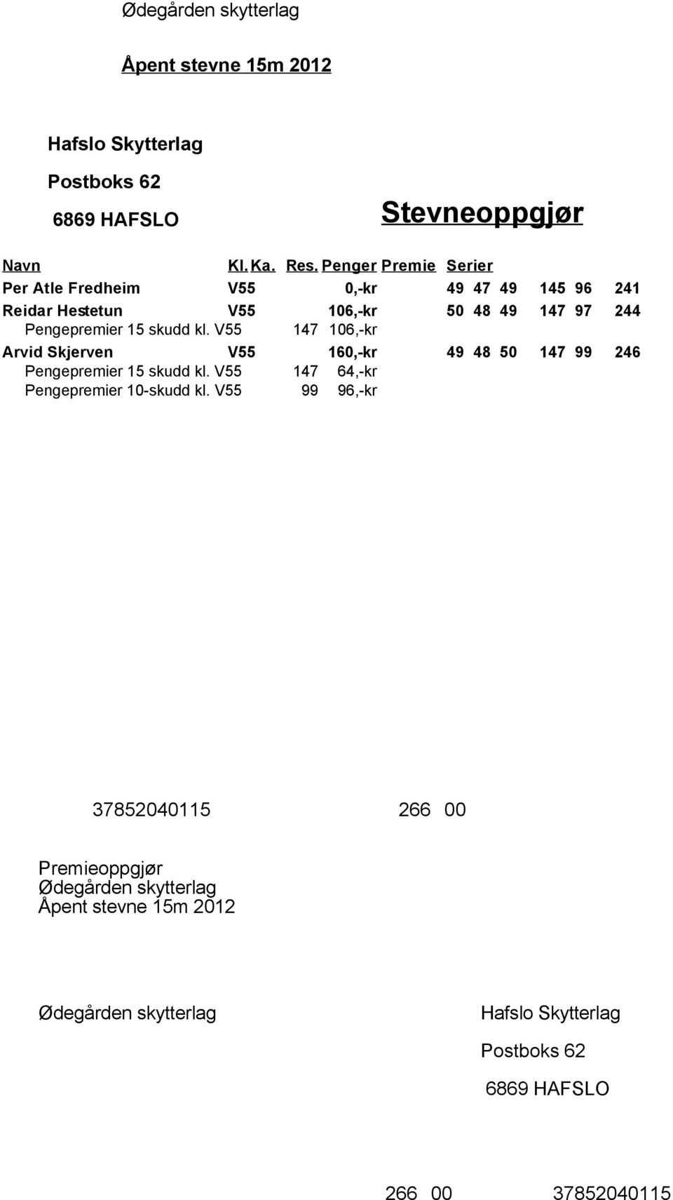 V55 147 106,-kr Arvid Skjerven V55 160,-kr 49 48 50 147 99 246 Pengepremier 15 skudd kl.