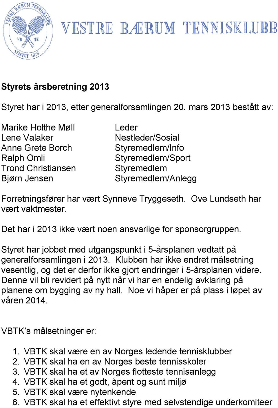 Styremedlem/Anlegg Forretningsfører har vært Synneve Tryggeseth. Ove Lundseth har vært vaktmester. Det har i 2013 ikke vært noen ansvarlige for sponsorgruppen.
