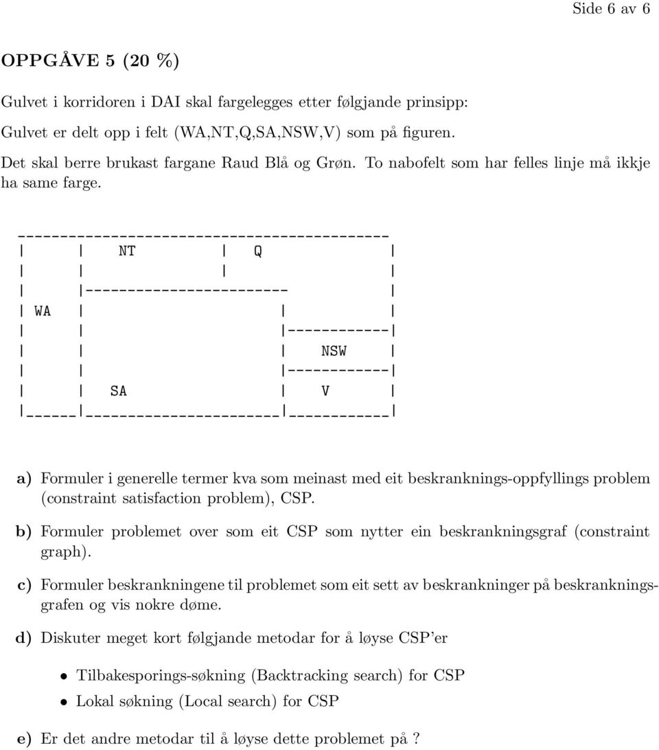 NT Q ------------------------ WA ------------ NSW ------------ SA V a) Formuler i generelle termer kva som meinast med eit beskranknings-oppfyllings problem (constraint satisfaction problem), CSP.