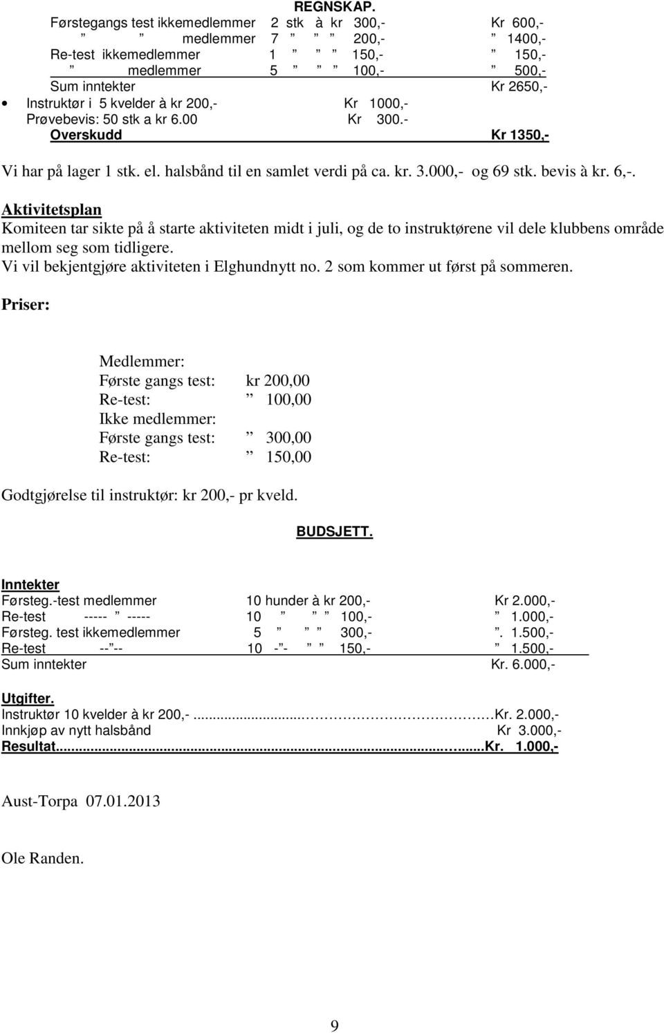 Kr 1000,- Prøvebevis: 50 stk a kr 6.00 Kr 300.- Overskudd Kr 1350,- Vi har på lager 1 stk. el. halsbånd til en samlet verdi på ca. kr. 3.000,- og 69 stk. bevis à kr. 6,-.