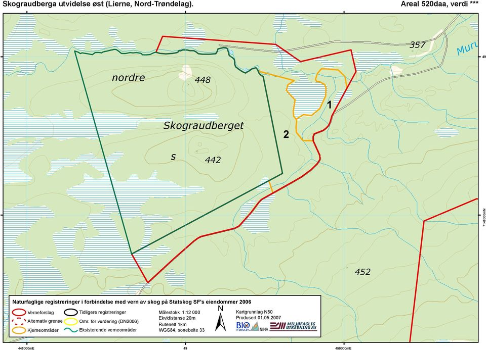 forbindelse med vern av skog på Statskog SF's eiendommer 2006 ± Verneforslag Alternativ grense Kjerneområder Tidligere