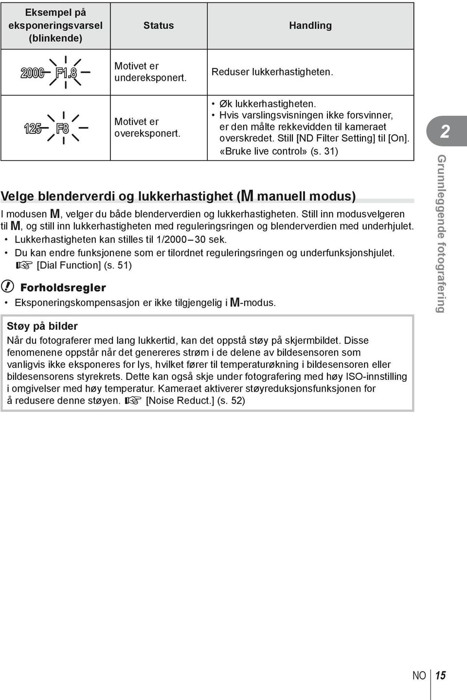 31) Velge blenderverdi og lukkerhastighet (M manuell modus) I modusen M, velger du både blenderverdien og lukkerhastigheten.