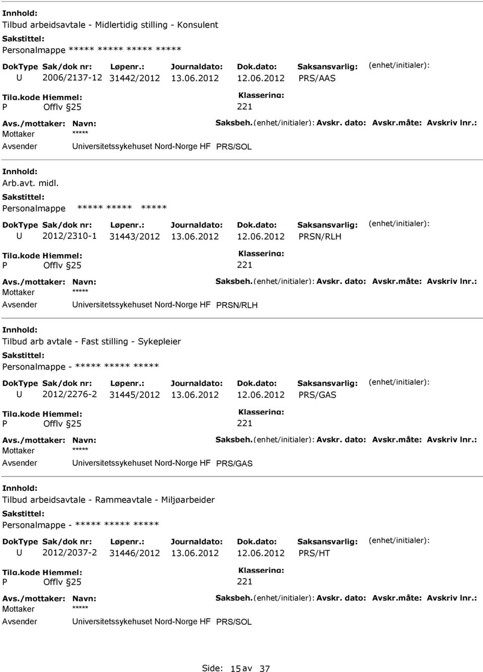 : niversitetssykehuset Nord-Norge HF RSN/RLH Tilbud arb avtale - Fast stilling - Sykepleier ersonalmappe - ***** ***** ***** 2012/2276-2 31445/2012 RS/GAS Avs./mottaker: Navn: Saksbeh. Avskr.