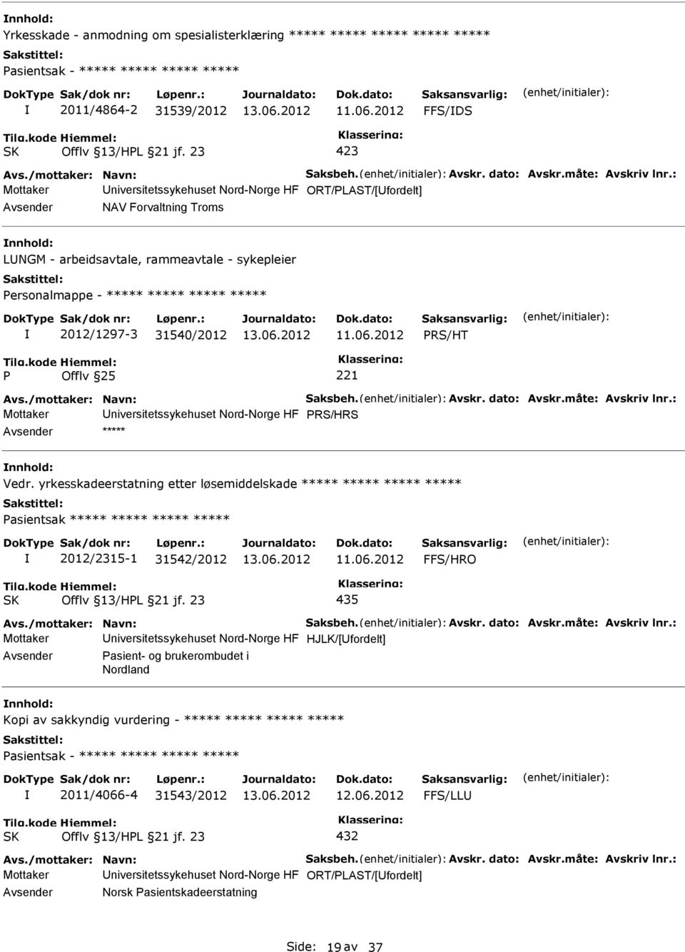 : Mottaker niversitetssykehuset Nord-Norge HF ORT/LAST/[fordelt] NAV Forvaltning Troms LNGM - arbeidsavtale, rammeavtale - sykepleier ersonalmappe - ***** ***** ***** ***** 2012/1297-3 31540/2012