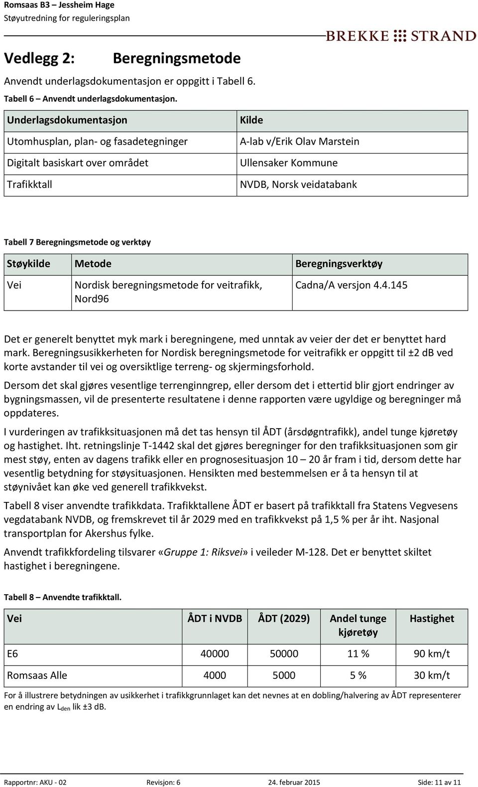 Beregningsmetode og verktøy Støykilde Metode Beregningsverktøy Vei Nordisk beregningsmetode for veitrafikk, Nord96 Cadna/A versjon 4.