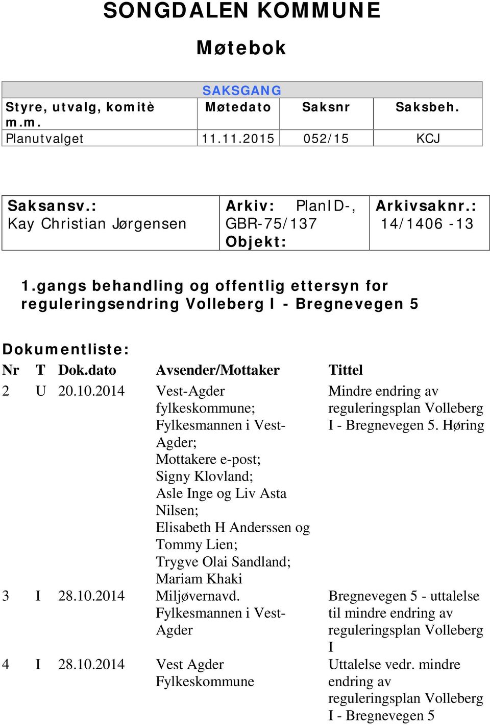 gangs behandling og offentlig ettersyn for reguleringsendring Volleberg I - Bregnevegen 5 Dokumentliste: Nr T Dok.dato Avsender/Mottaker Tittel 2 U 20.10.