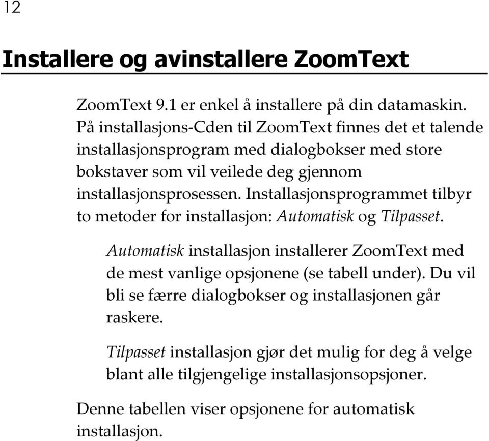 Installasjonsprogrammet tilbyr to metoder for installasjon: Automatisk og Tilpasset.