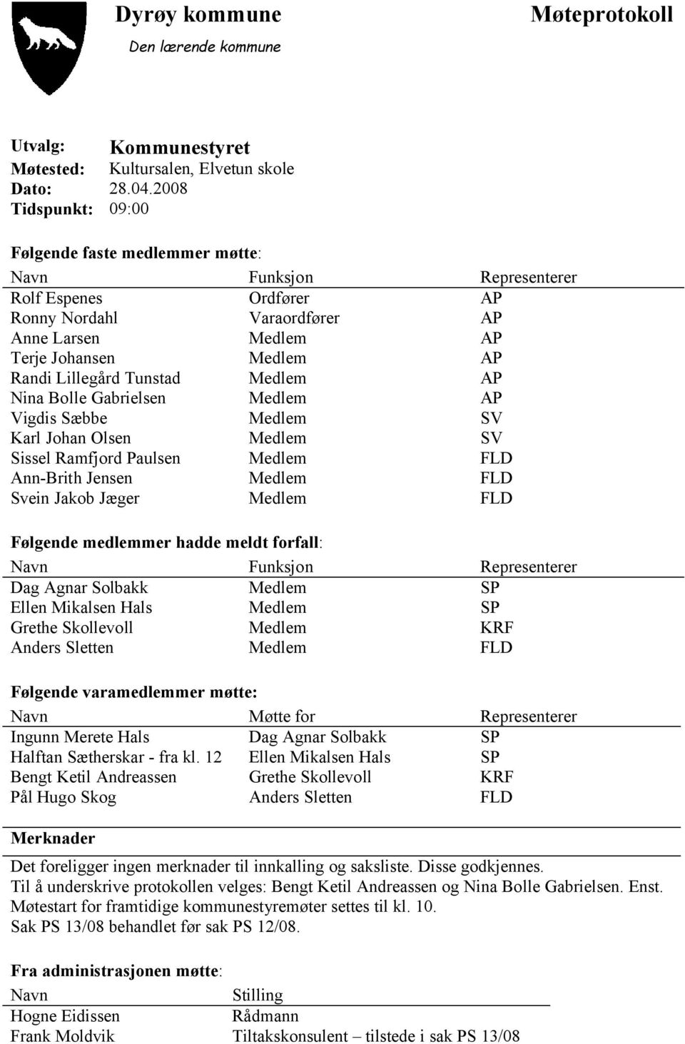 Tunstad Medlem AP Nina Bolle Gabrielsen Medlem AP Vigdis Sæbbe Medlem SV Karl Johan Olsen Medlem SV Sissel Ramfjord Paulsen Medlem FLD Ann-Brith Jensen Medlem FLD Svein Jakob Jæger Medlem FLD