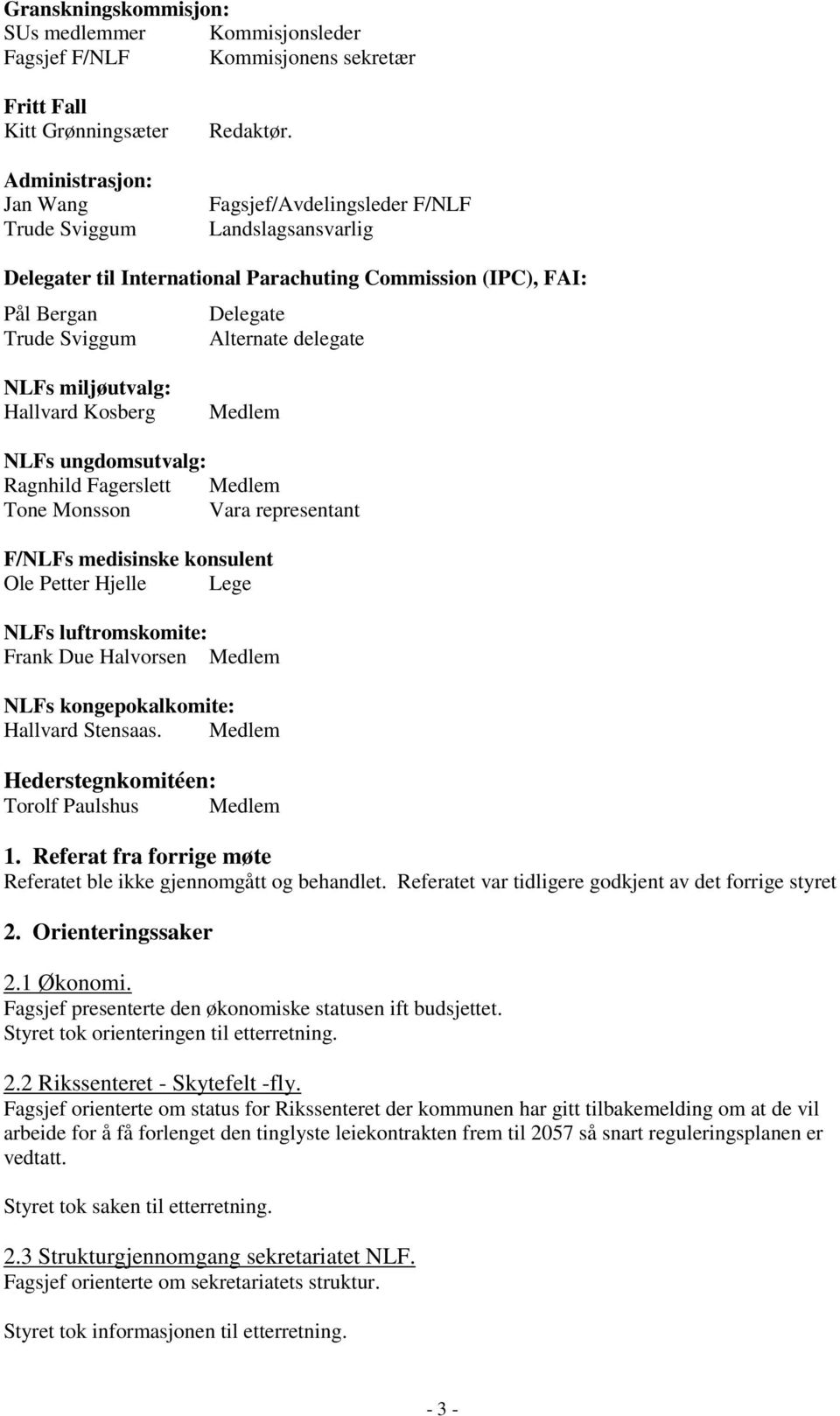 NLFs ungdomsutvalg: Ragnhild Fagerslett Tone Monsson Vara representant F/NLFs medisinske konsulent Ole Petter Hjelle Lege NLFs luftromskomite: Frank Due Halvorsen NLFs kongepokalkomite: Hallvard