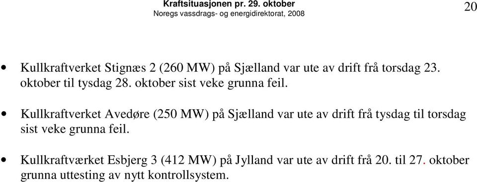 Kullkraftverket Avedøre (25 MW) på Sjælland var ute av drift frå tysdag til torsdag sist veke grunna