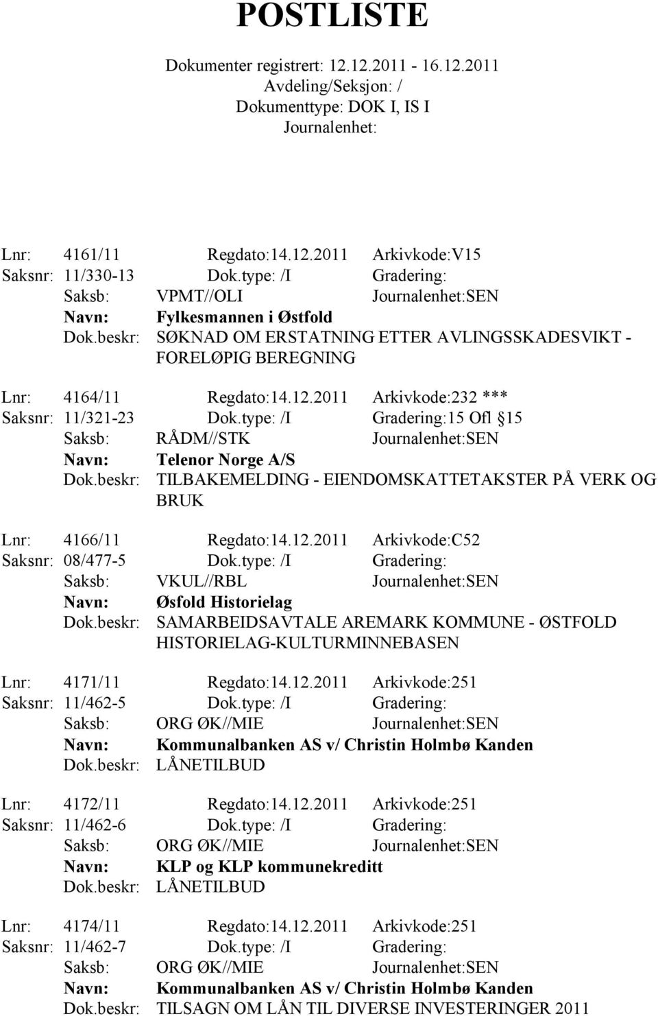 2011 Arkivkode:232 *** Saksnr: 11/321-23 Dok.type: /I Gradering:15 Ofl 15 Saksb: RÅDM//STK SEN Telenor Norge A/S TILBAKEMELDING - EIENDOMSKATTETAKSTER PÅ VERK OG BRUK Lnr: 4166/11 Regdato:14.12.