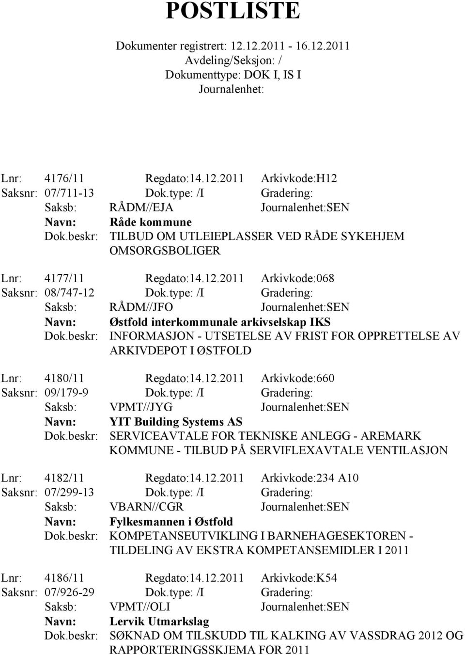 type: /I Gradering: Saksb: RÅDM//JFO SEN Østfold interkommunale arkivselskap IKS INFORMASJON - UTSETELSE AV FRIST FOR OPPRETTELSE AV ARKIVDEPOT I ØSTFOLD Lnr: 4180/11 Regdato:14.12.