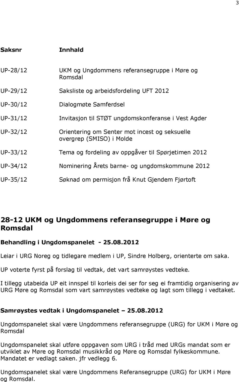 ungdomskommune 2012 UP-35/12 Søknad om permisjon frå Knut Gjendem Fjørtoft 28-12 UKM og Ungdommens referansegruppe i Møre og Romsdal Behandling i Ungdomspanelet - 25.08.