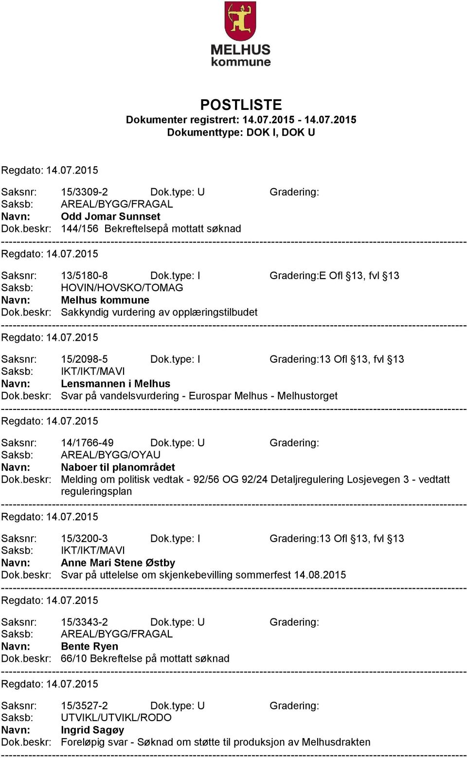 type: I Gradering:13 Ofl 13, fvl 13 Saksb: IKT/IKT/MAVI Navn: Lensmannen i Melhus Dok.beskr: Svar på vandelsvurdering - Eurospar Melhus - Melhustorget Saksnr: 14/1766-49 Dok.