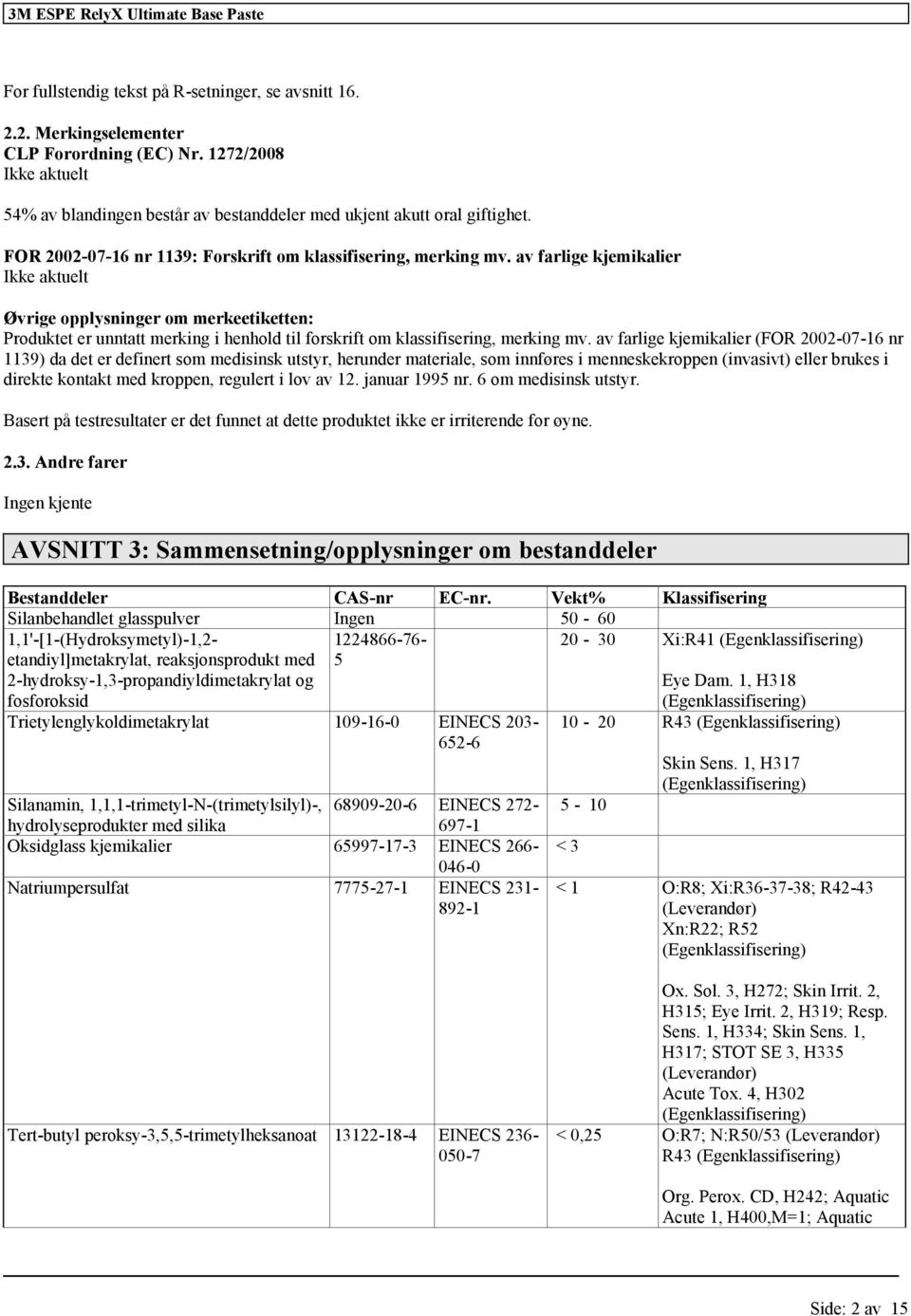 av farlige kjemikalier Ikke aktuelt Øvrige opplysninger om merkeetiketten: Produktet er unntatt merking i henhold til skrift om, merking mv.