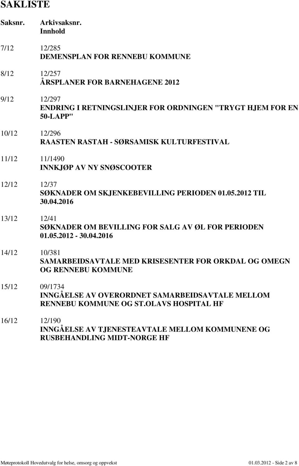 RASTAH - SØRSAMISK KULTURFESTIVAL 11/12 11/1490 INNKJØP AV NY SNØSCOOTER 12/12 12/37 SØKNADER OM SKJENKEBEVILLING PERIODEN 01.05.2012 TIL 30.04.