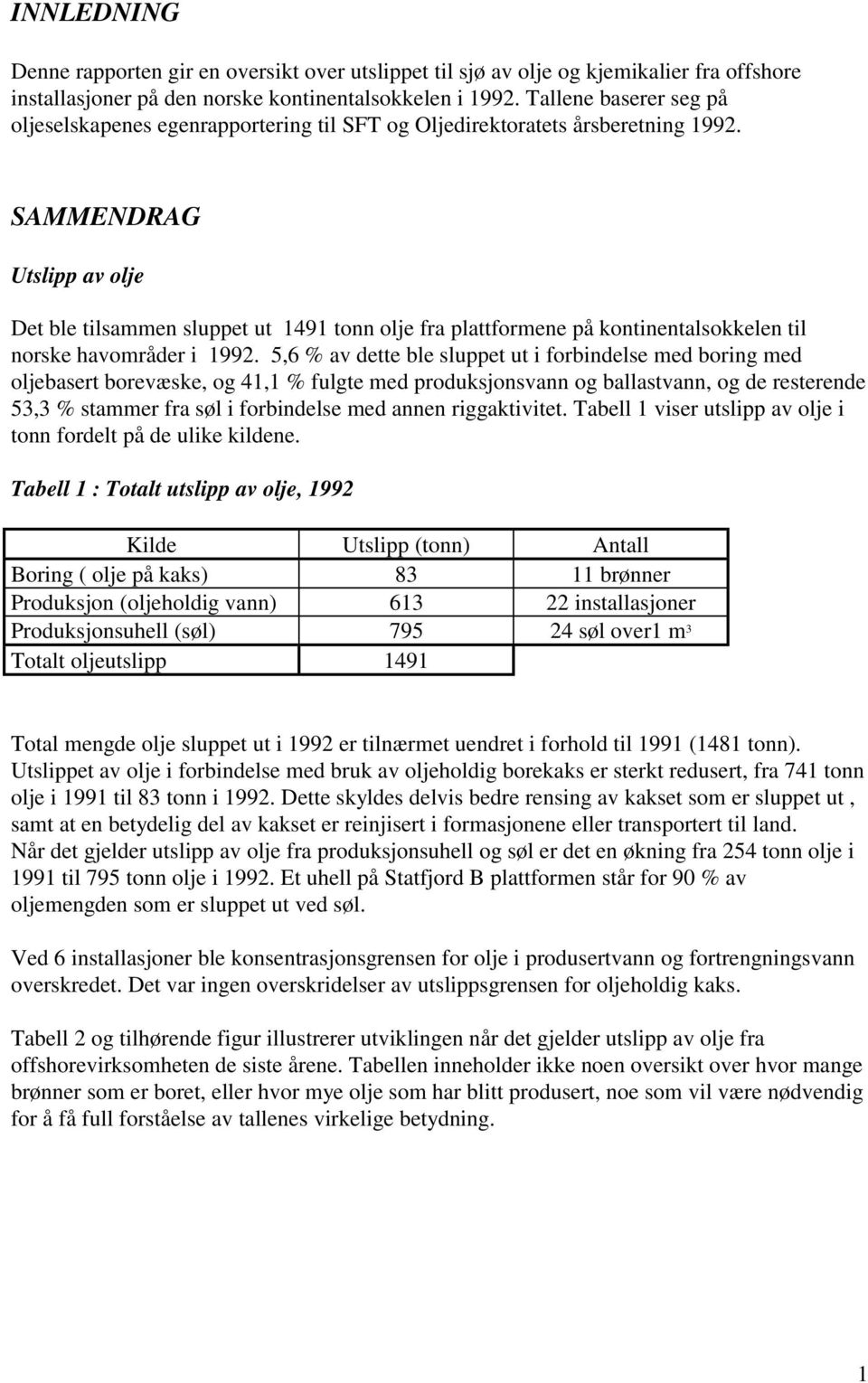 SAMMENDRAG Utslipp av olje Det ble tilsammen sluppet ut 1491 tonn olje fra plattformene på kontinentalsokkelen til norske havområder i 1992.