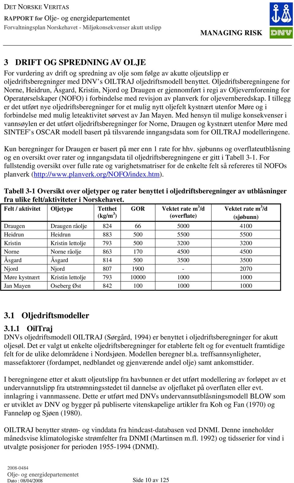 oljevernberedskap. I tillegg er det utført nye oljedriftsberegninger for et mulig nytt oljefelt kystnært utenfor Møre og i forbindelse med mulig leteaktivitet sørvest av Jan Mayen.