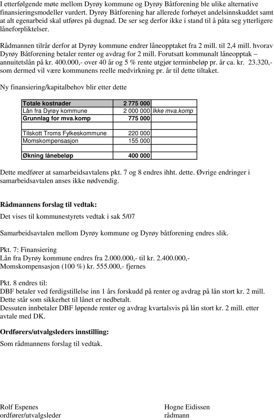Rådmannen tilrår derfor at Dyrøy kommune endrer låneopptaket fra 2 mill. til 2,4 mill. hvorav Dyrøy Båtforening betaler renter og avdrag for 2 mill. Forutsatt kommunalt låneopptak annuitetslån på kr.
