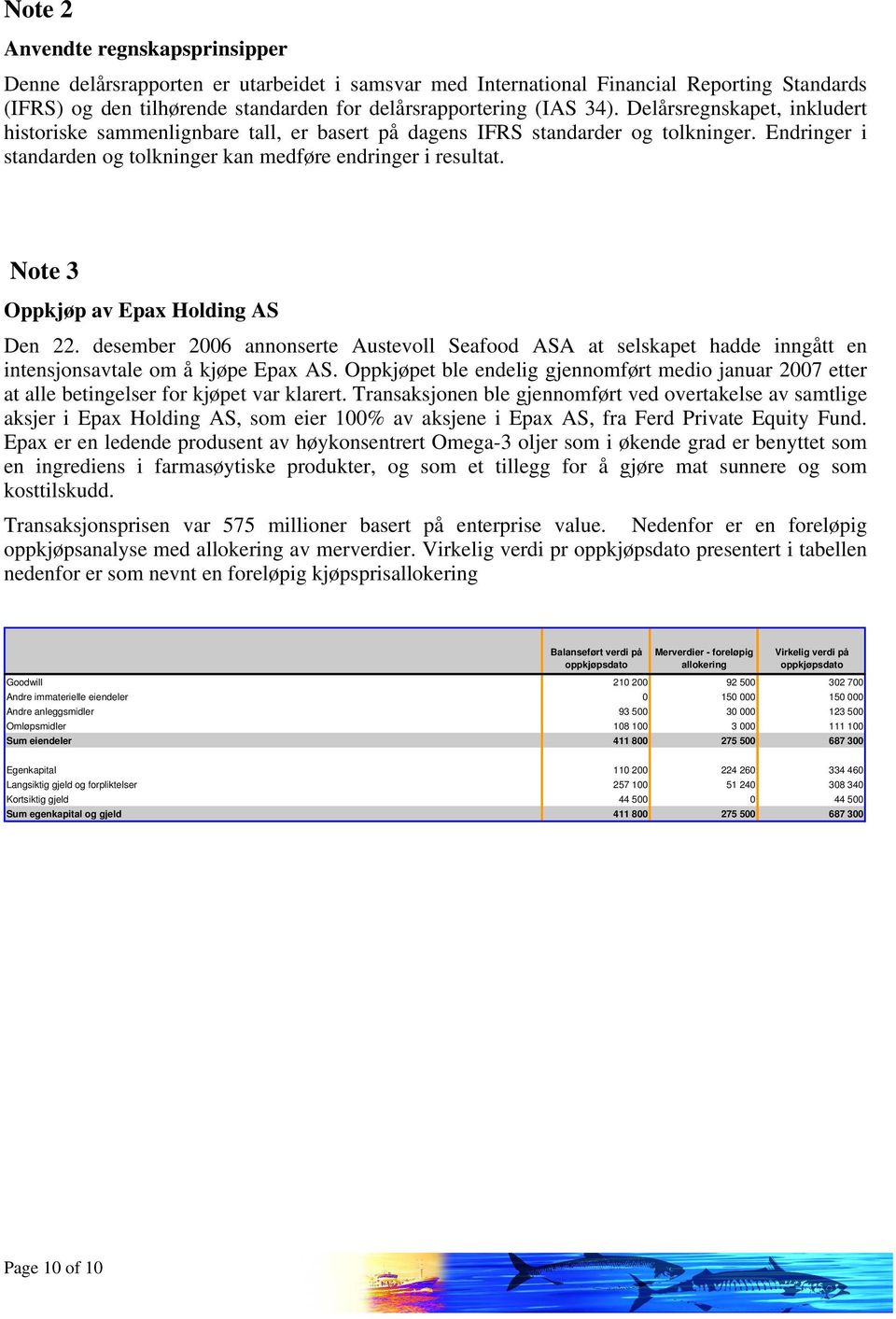 Note 3 Oppkjøp av Epax Holding AS Den 22. desember 2006 annonserte Austevoll Seafood ASA at selskapet hadde inngått en intensjonsavtale om å kjøpe Epax AS.