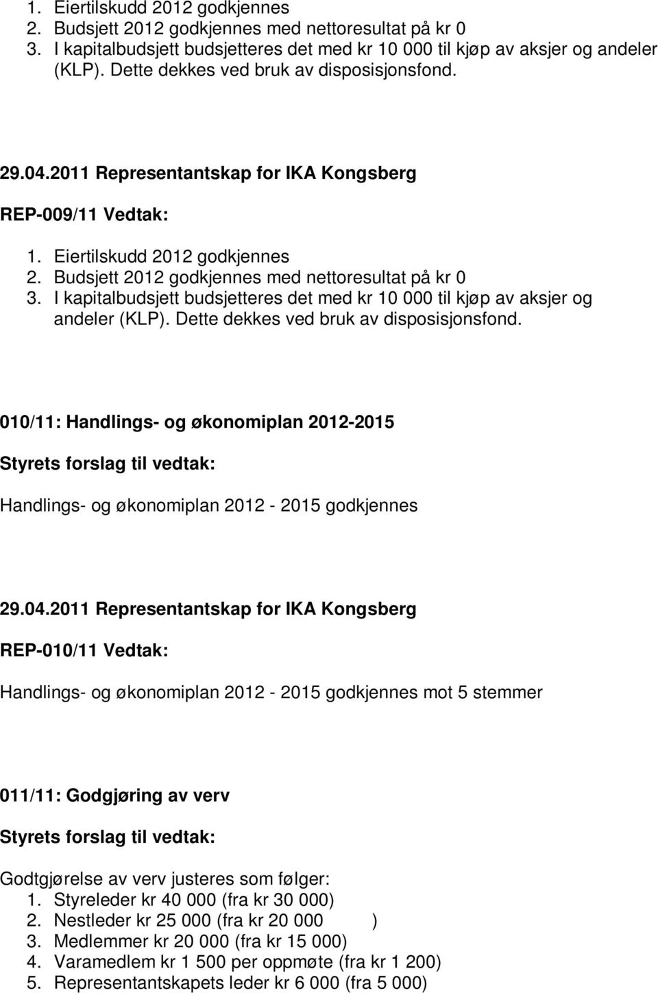 010/11: Handlings- og økonomiplan 2012-2015 Handlings- og økonomiplan 2012-2015 godkjennes REP-010/11 Vedtak: Handlings- og økonomiplan 2012-2015 godkjennes mot 5 stemmer 011/11: Godgjøring av verv