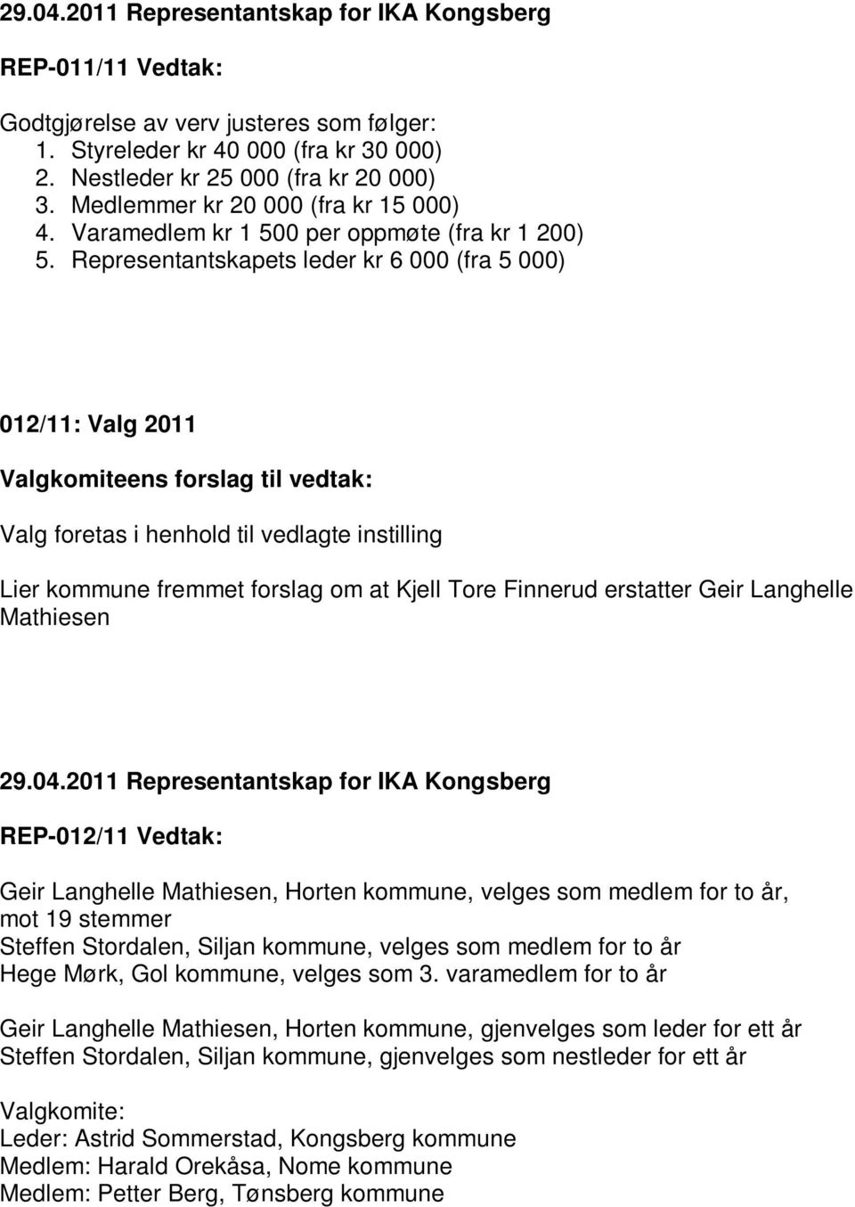 Representantskapets leder kr 6 000 (fra 5 000) 012/11: Valg 2011 Valgkomiteens forslag til vedtak: Valg foretas i henhold til vedlagte instilling Lier kommune fremmet forslag om at Kjell Tore