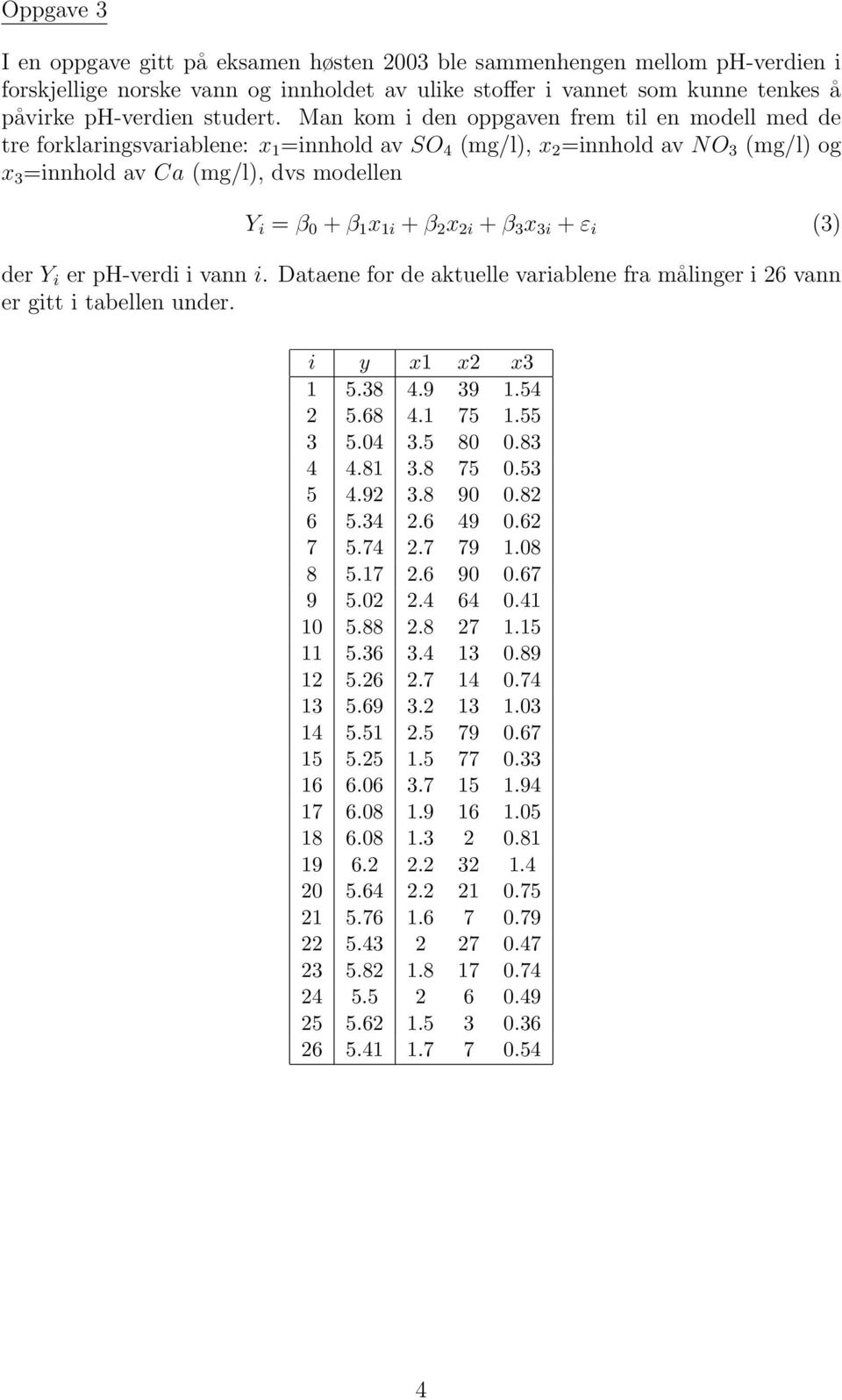 β 2 x 2i + β 3 x 3i + ε i (3) der Y i er ph-verdi i vann i. Dataene for de aktuelle variablene fra målinger i 26 vann er gitt i tabellen under. i x1 x2 x3 1 5.38 4.9 39 1.54 2 5.68 4.1 75 1.55 3 5.